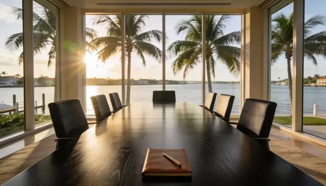 Empty boardroom facing royal palms