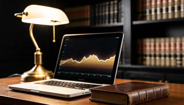 Laptop beside an old leather ledger