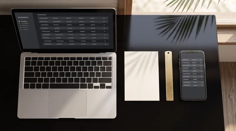 Laptop and phone showing reconciled accounts, aligned on a black desk