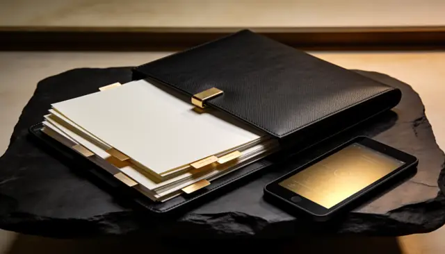Leather folio with neatly filed documents